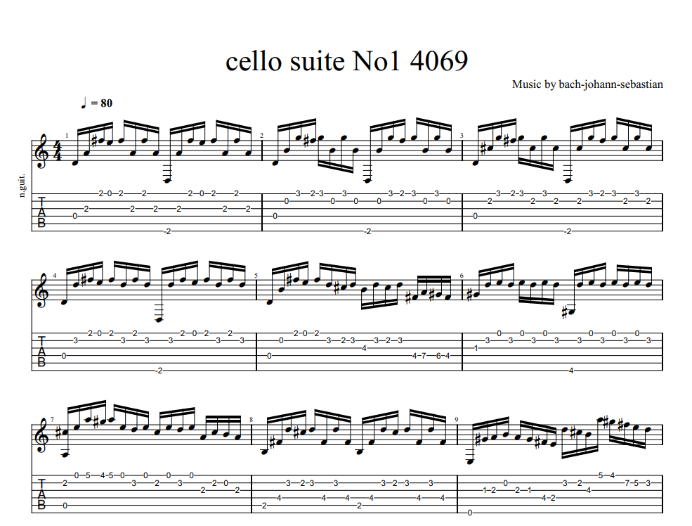 Johann Sebastian Bach cello suite No1 4069 sheet music for guitar